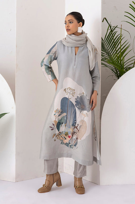 Grey Thin Chanderi Printed Stole  (1 PC)