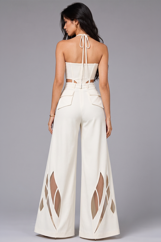 Ivory Zip-Up Halter Top & Wide-Leg Cutwork Pant Co-Ord Set