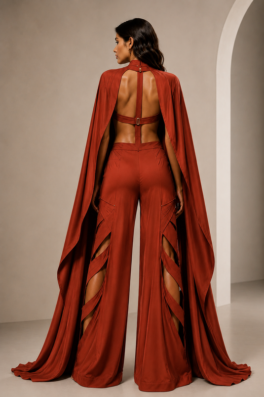 Rust Lycra Co-Ord Set with Sculpted Corset, Statement Cape