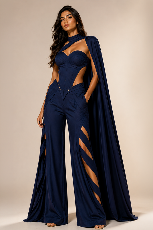Navy Blue Premium Lycra Sleeveless Cape Co-Ord Set