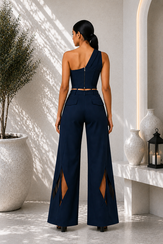 Midnight Blue Premium Lycra One-Shoulder Corset Co-Ord Set