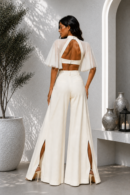 Ivory Premium Lycra Cut-Out Corset Co-Ord Set with Sheer Cape Sleeves
