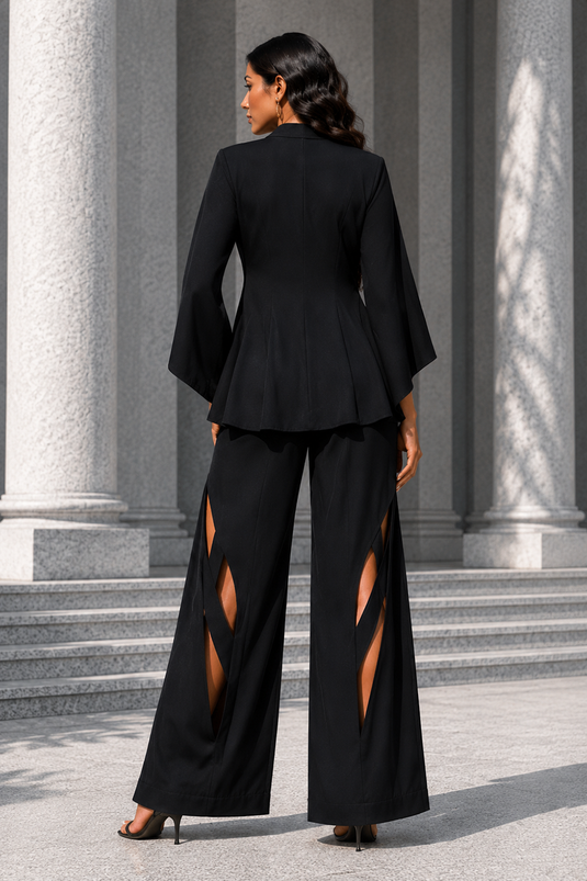 Black Premium Lycra Three-Piece Co-Ord Set with Halter Crop Top, Cape Jacket