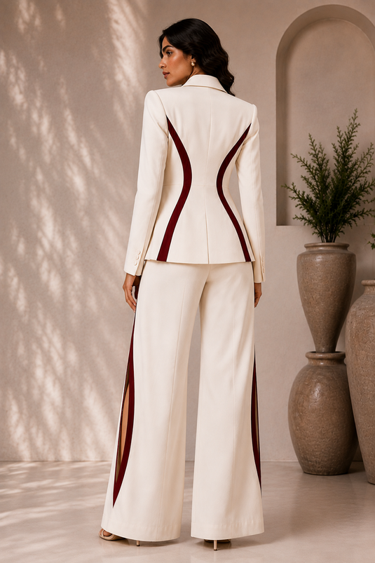 Ivory White Tailored Blazer Co-Ord Set with Burgundy Contrast Panels & Wide-Leg Pants