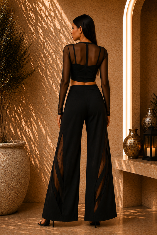 Black Sheer Mesh Corset Co-Ord Set with Wide-Leg Utility Trousers & Geometric Cut-Out Panels