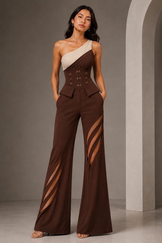 Women’s Chocolate Brown One-Shoulder Corset Jumpsuit with Beige Trim & Striped Cut-Out Wide-Leg Trousers