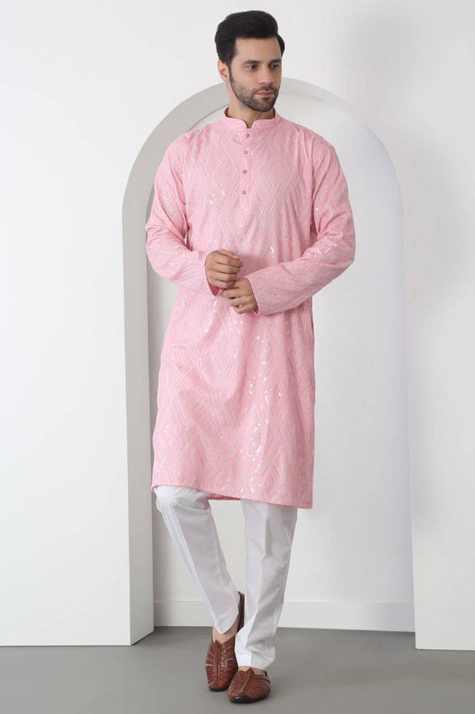 Chandra Barfi Pastel Pink Cotton Embroidered Thread Barfi Kurta Set