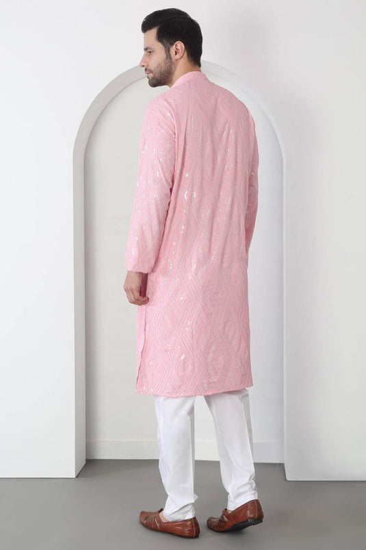 Chandra Barfi Pastel Pink Cotton Embroidered Thread Barfi Kurta Set