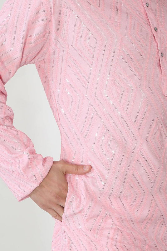 Chandra Barfi Pastel Pink Cotton Embroidered Thread Barfi Kurta Set