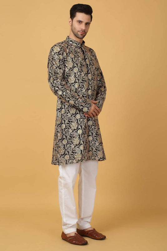 Zar Firdaus Embroidered  Kurta Pants Set - Festive Black