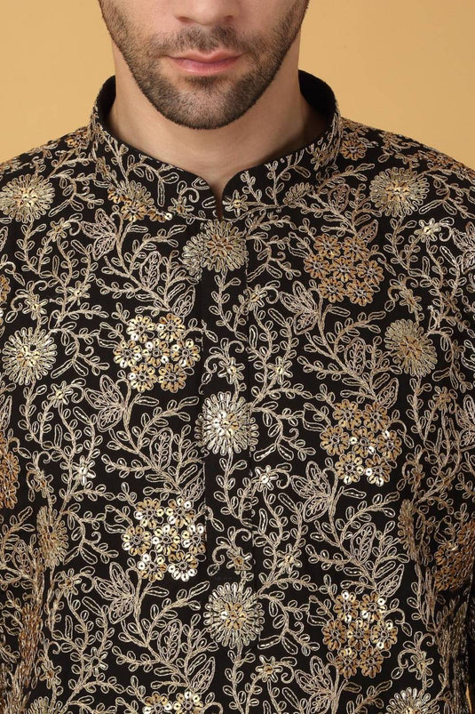 Zar Firdaus Embroidered  Kurta Pants Set - Festive Black