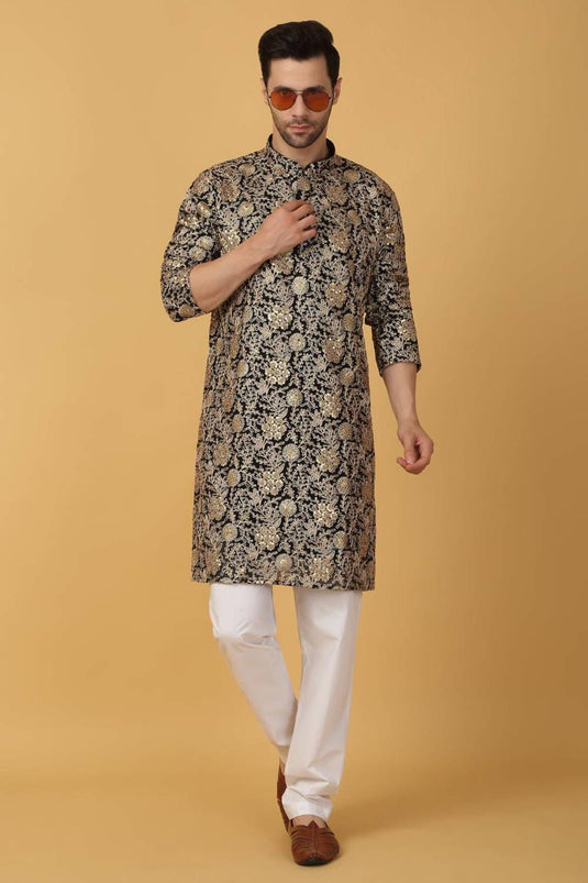 Zar Firdaus Embroidered  Kurta Pants Set - Festive Black