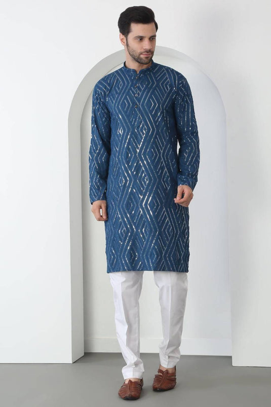 Chandra Barfi Blue Cotton Embroidered Thread Barfi Kurta Set