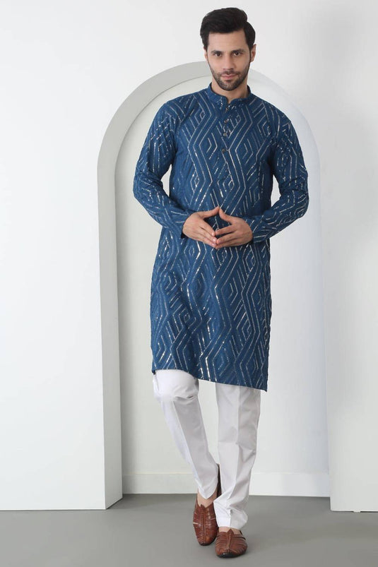 Chandra Barfi Blue Cotton Embroidered Thread Barfi Kurta Set