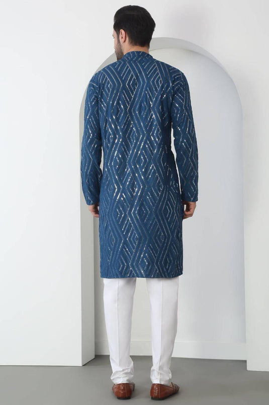 Chandra Barfi Blue Cotton Embroidered Thread Barfi Kurta Set
