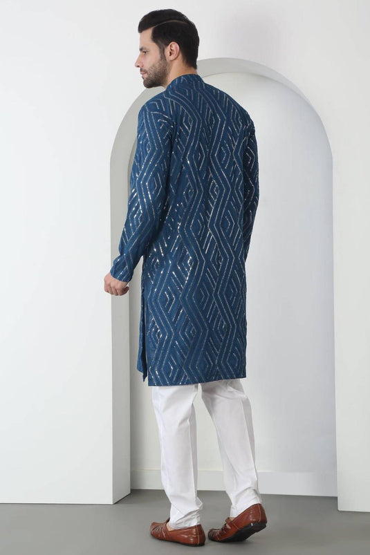 Chandra Barfi Blue Cotton Embroidered Thread Barfi Kurta Set