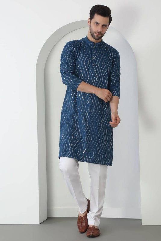 Chandra Barfi Blue Cotton Embroidered Thread Barfi Kurta Set