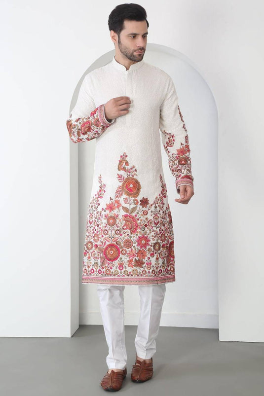 Kalki White Cotton Embroidered Floral Thread Kurta Set