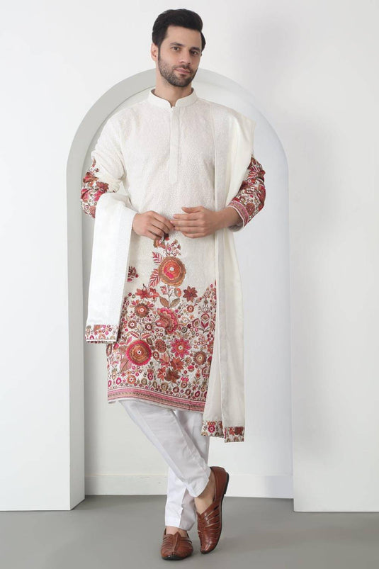 Kalki White Cotton Embroidered Floral Thread Kurta Set