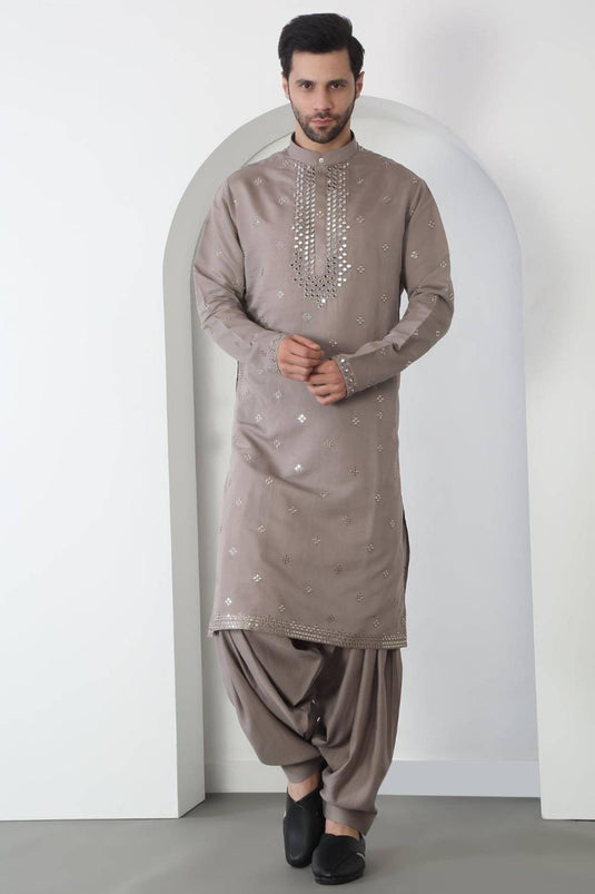 Aham Grey Cotton Embroidered Thread Grey Mirror Kurta Patiala Set