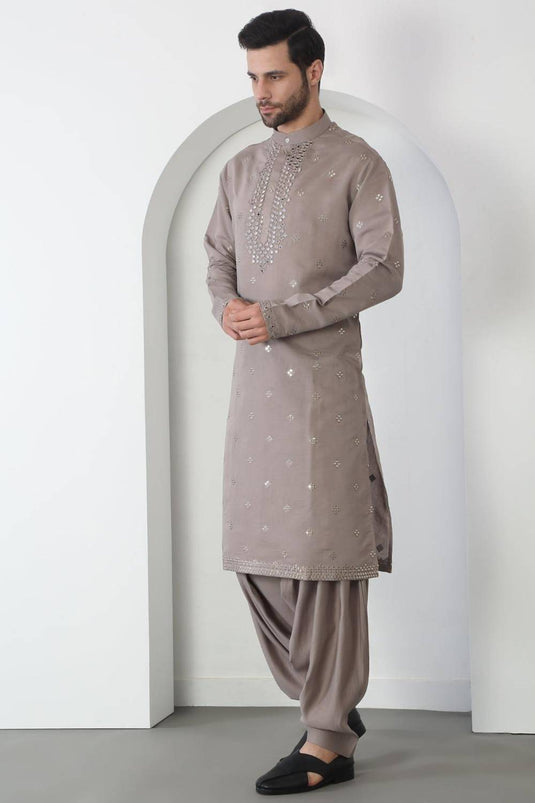 Aham Grey Cotton Embroidered Thread Grey Mirror Kurta Patiala Set