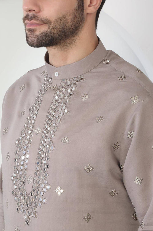Aham Grey Cotton Embroidered Thread Grey Mirror Kurta Patiala Set