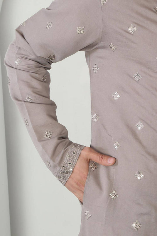 Aham Grey Cotton Embroidered Thread Grey Mirror Kurta Patiala Set