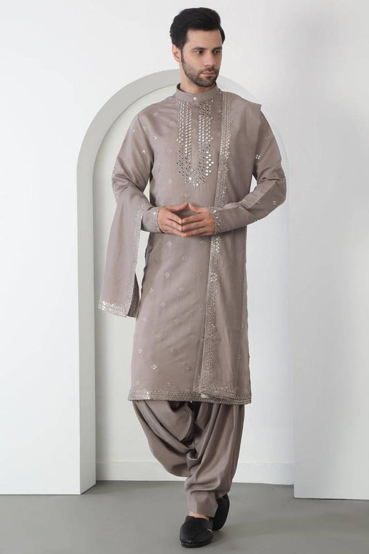 Aham Grey Cotton Embroidered Thread Grey Mirror Kurta Patiala Set