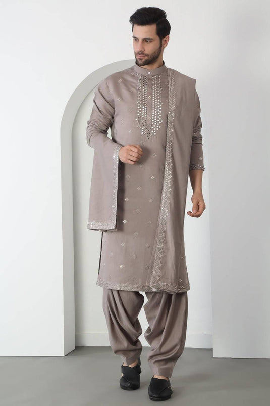 Aham Grey Cotton Embroidered Thread Grey Mirror Kurta Patiala Set