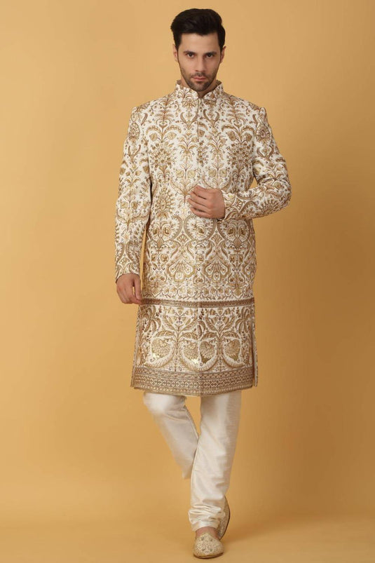 Nizam Embroidered Sherwani Set - Ivory