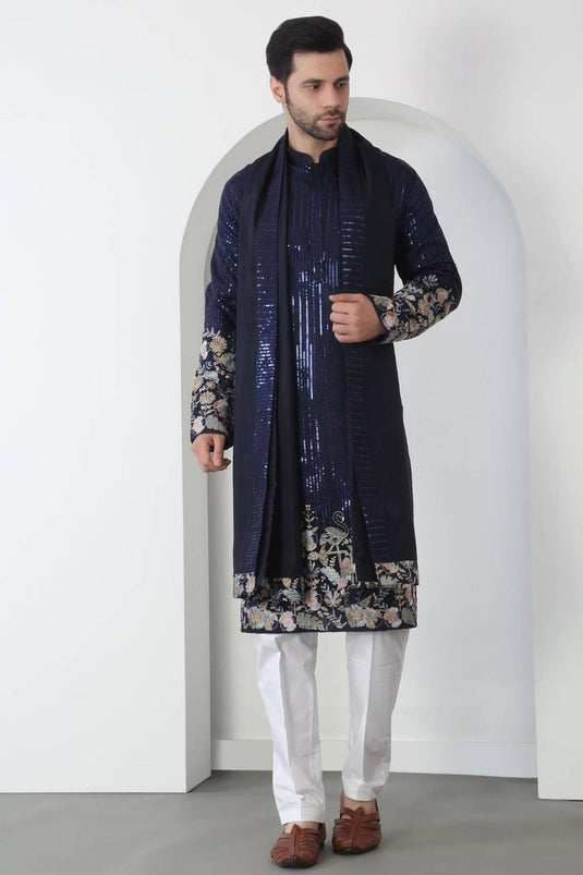 Neelkamal Dark Blue Cotton Embroidered Floral Thread Kurta Set With Dupatta