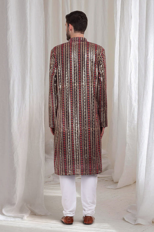 Jalsa Embroidered Linear Floral Kurta Churidar Set - Dark Wine