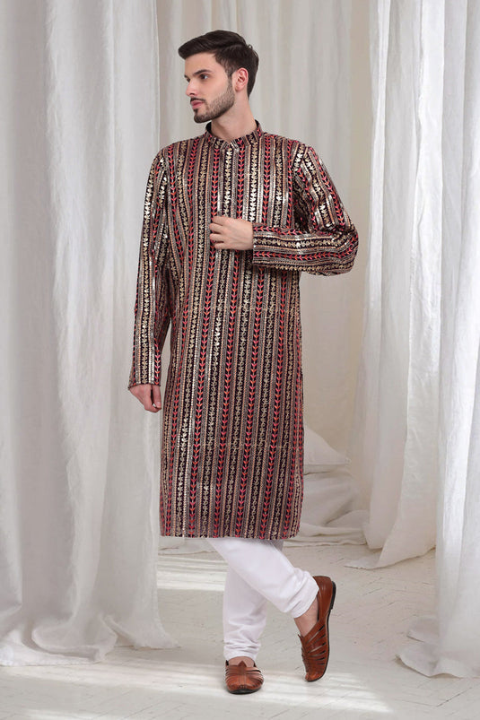 Jalsa Embroidered Linear Floral Kurta Churidar Set - Dark Wine