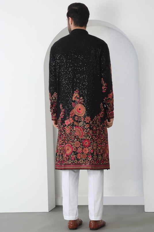 Kalki Black Cotton Embroidered Floral Kurta Set