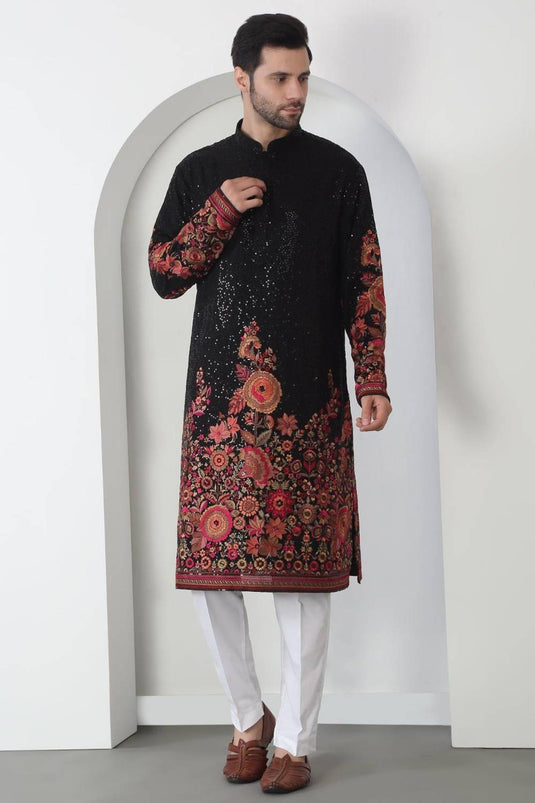 Kalki Black Cotton Embroidered Floral Kurta Set