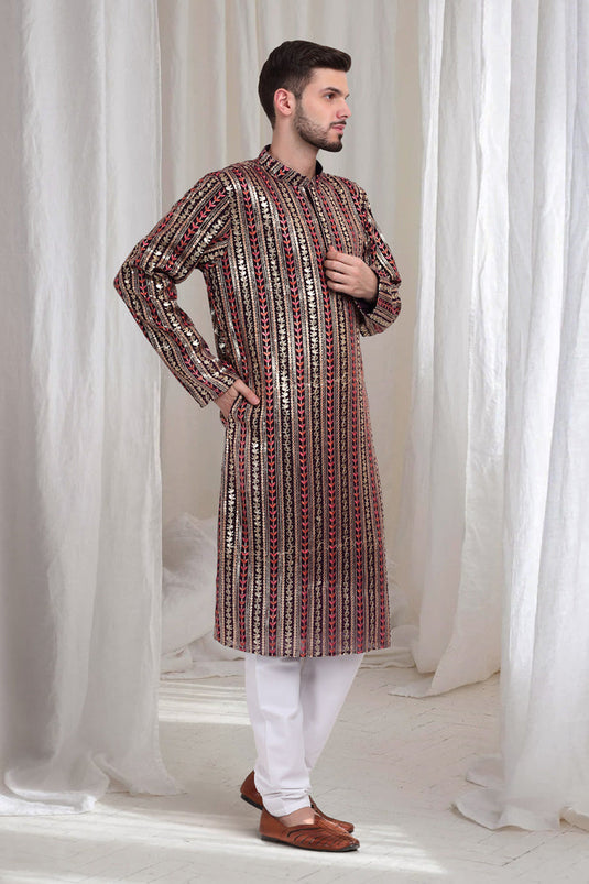 Jalsa Embroidered Linear Floral Kurta Churidar Set - Dark Wine
