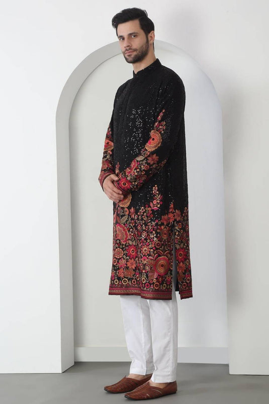 Kalki Black Cotton Embroidered Floral Kurta Set