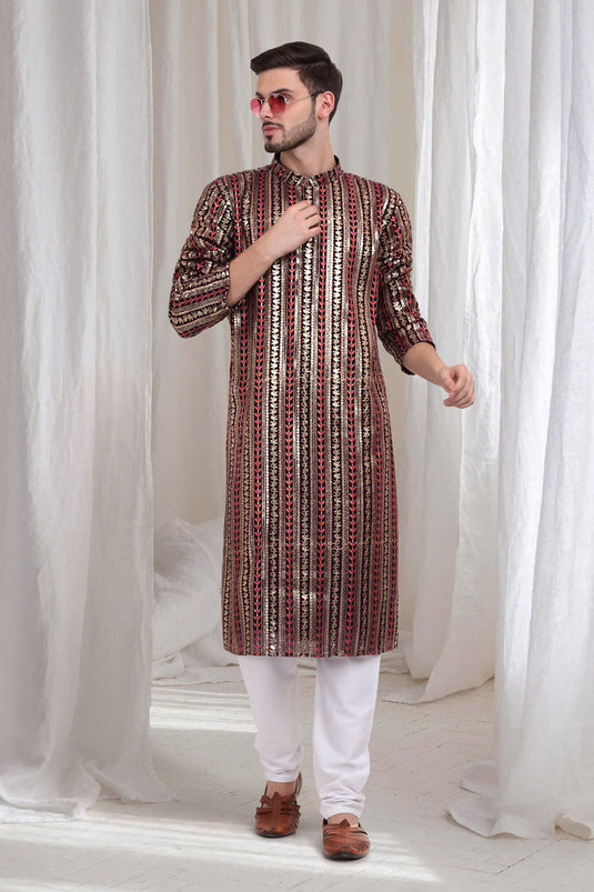 Jalsa Embroidered Linear Floral Kurta Churidar Set - Dark Wine