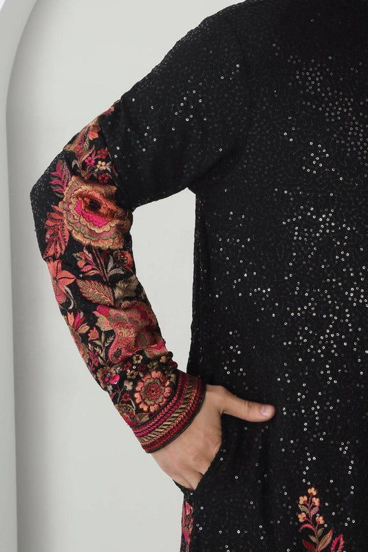 Kalki Black Cotton Embroidered Floral Kurta Set