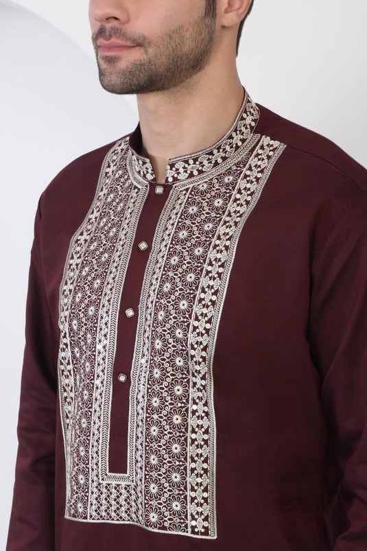 Nawaab Embroidered  Kurta Dupatta Pants Set - Dark Wine