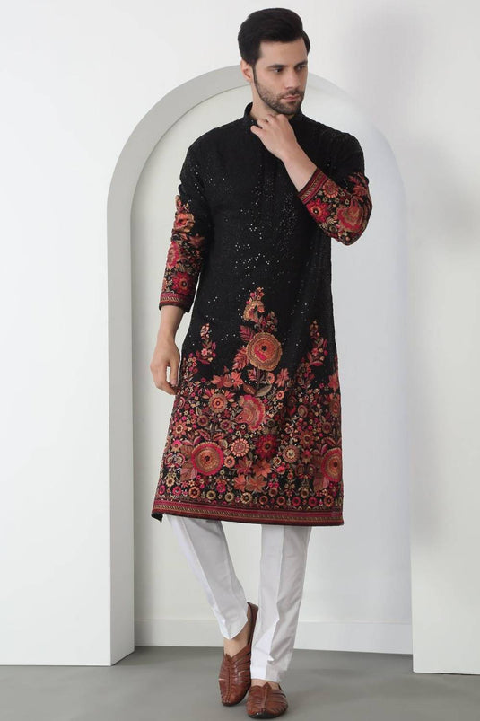 Kalki Black Cotton Embroidered Floral Kurta Set