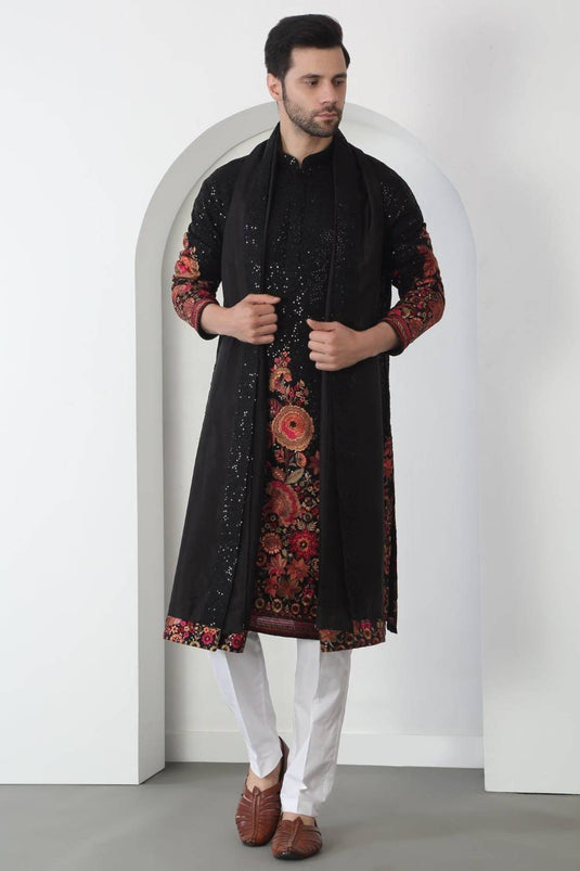 Kalki Black Cotton Embroidered Floral Kurta Set