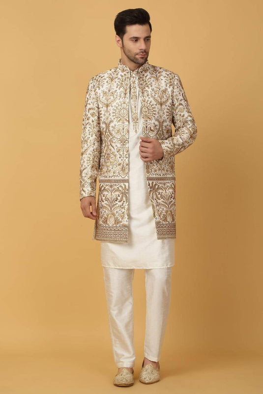 Nizam Embroidered Indo Western Jacket Set - Ivory