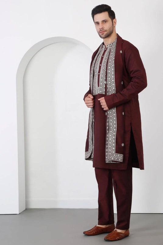 Nawaab Embroidered  Kurta Dupatta Pants Set - Dark Wine