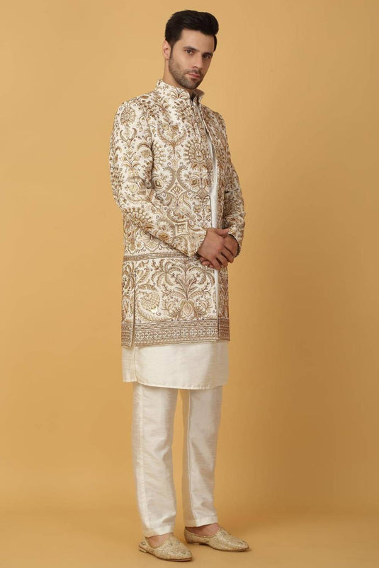 Nizam Embroidered Indo Western Jacket Set - Ivory
