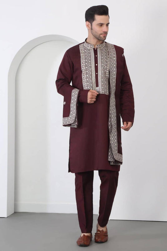 Nawaab Embroidered  Kurta Dupatta Pants Set - Dark Wine