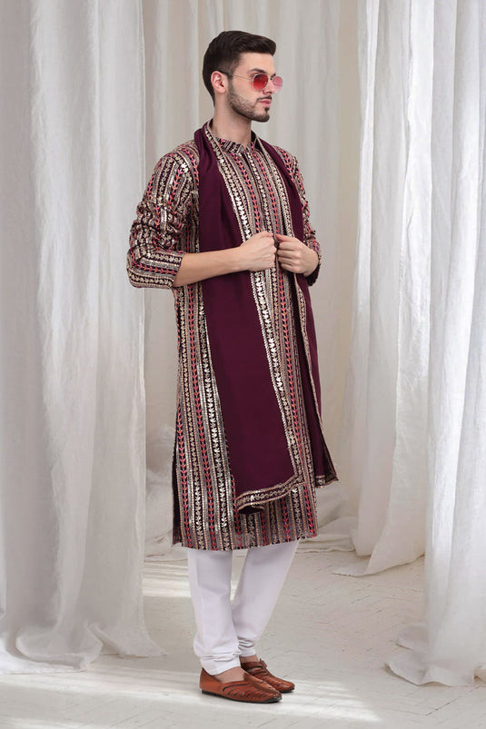 Jalsa Embroidered Linear Floral Kurta Churidar Set - Dark Wine