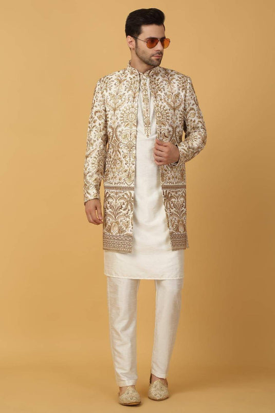 Nizam Embroidered Indo Western Jacket Set - Ivory