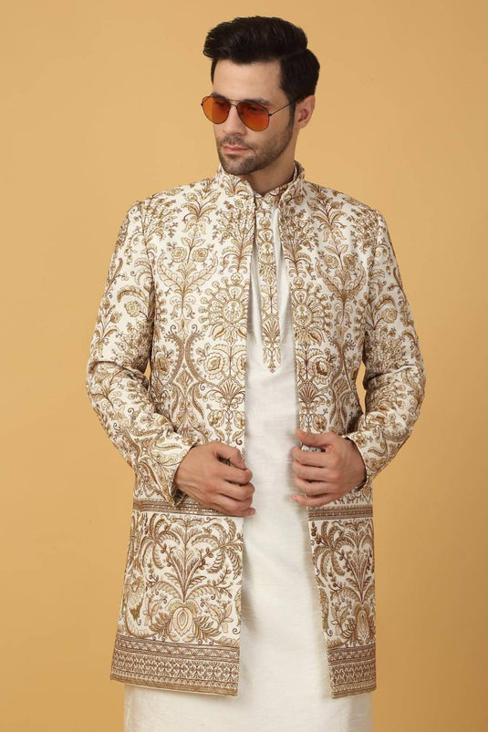 Nizam Embroidered Indo Western Jacket Set - Ivory