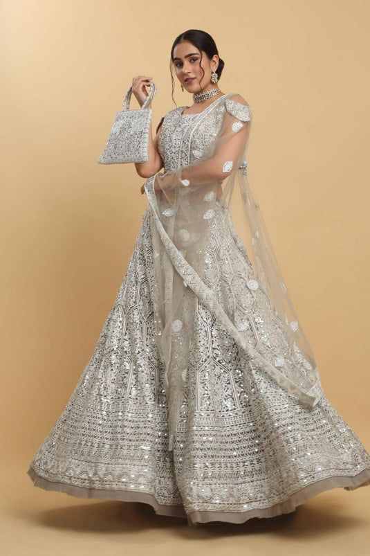 Chandra Kiran Silver Mirror Embroidered  Lehenga Set